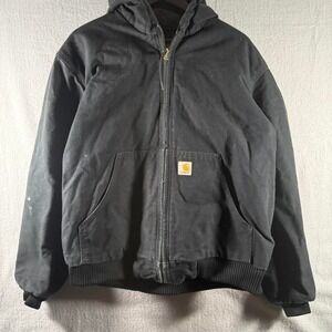 Vintage Carhartt Black Canvas Hooded Jacket Workwear Streetwear Large J140 BLK